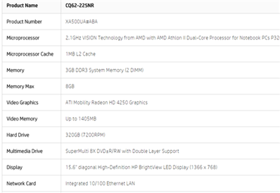 惠普presario  CQ62 notesook  PC笔记本电脑参数
