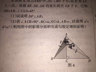 在三角形ABD中，AC垂直BD于C，点E为AC上一点，连接BE、DE，DE的延长线交AB于F，已知DE=AB，角CAD=45度。