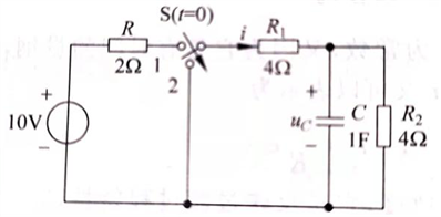 下图所示电路中，开关S原在位置1，且电路已达稳态。T = 0时开关由1合向2，试求t ≥0时的