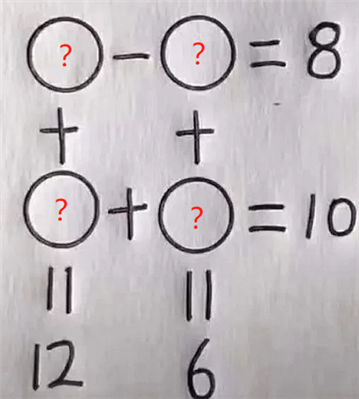 设四个未知数为A,B,C,D,求A-B=8,A+C=12,B+D=6,C+D=10