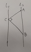 如图所示，直线L1与直线L2平行，A、B为直线L2上两点，求作点C，使AC⊥BC。