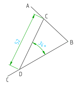 线段AB与CB交于点B，求AB上一点C及CB上一点D，使CD=52，且∠CDB=34°