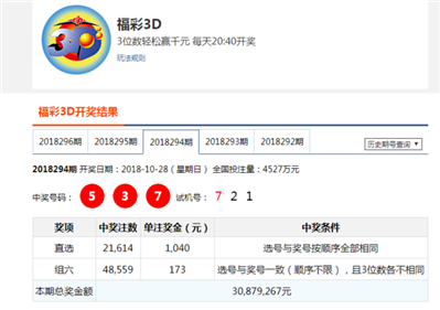 3d开奖结果537我买的是357有没有中奖